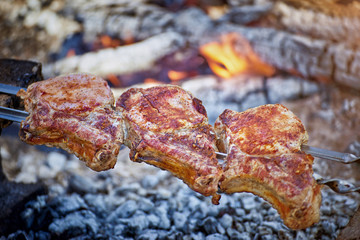 Cooking juicy meat on the grill in the afternoon.
