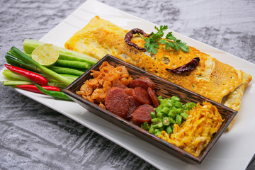 Omelet Wrapping Fried Rice with  Chili Paste