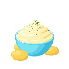 Unpeeled tubers and bowl of mashed potatoes. Vector illustration cartoon flat icon isolated on white background.