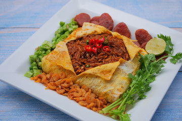 Omelet Wrapping Fried Rice with  Chili Paste