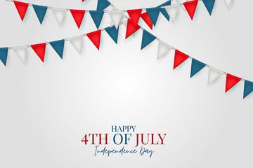 4th of July Independence day celebration banner. USA national holiday design concept with bunting flags. Vector illustration. - obrazy, fototapety, plakaty