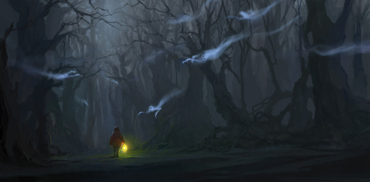 The children are in the jungle with many ghosts, digital painting.
