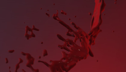 Splashes of red liquid blood on dark and black background, 3d render