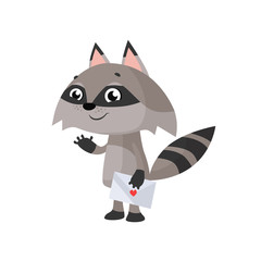 Cute raccoon with love letter. Valentine card, letter, animal. Can be used for topics like cartoon, Valentines day, love