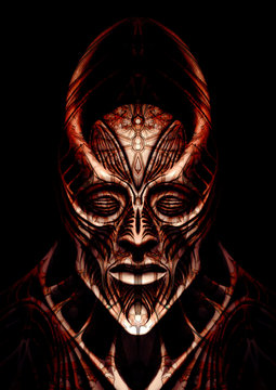 Character horror, alien, demon or devil, Dark Lord or ruler of an extraterrestrial race, majestic, with an unusual head, crown, powerful jaw and neck, with big nose and lips, patterns on the body.