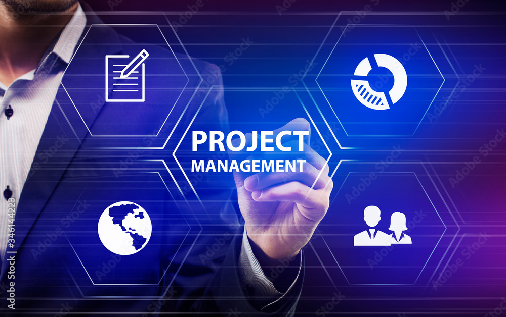 Poster Businessman using virtual computer and selecting project management