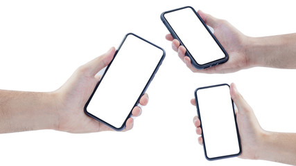Hand holding the smartphone black color￼ with white screen ,isolated on white background￼