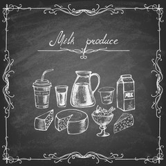 Milk products collection. Hand drawn elements. Vector illustration.