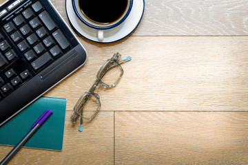 Overhead shot wooden office desk