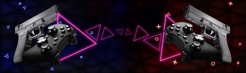 The concept of a video game in a military shooter. Joysticks and a  18 pistol against a dark background. © Alexander