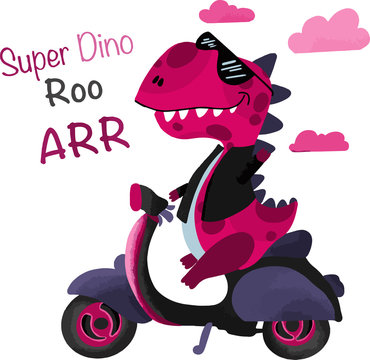 Cute dinosaur monster rides a moped. Print with a dinosaur for children's clothing. Vector illustration.