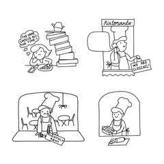 Mutual assistance during coronavirus pandemic. Problem solution of connecting customers with grocery shop, restaurant.