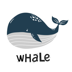 cute blue whale, sea ocean, cartoon lettering vector illustration