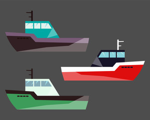 Version Fishing Ships. water isolated flat transport icon. Ship at sea, shipping boat, motor boat ocean transport