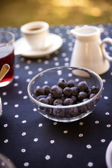 breakfast in the garden on the table a bowl of fresh blueberries in the foregroun