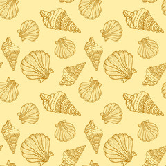 Linear scallop on yellow backdrop. Seashell seamless pattern for wallpaper, wrap paper, sleeper, bath tile, apparel or bed linen. Phone case or cloth print. Doodle style stock vector illustration