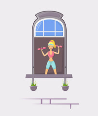 Neighbors in windows of old house. House building facade with open windows with people. Beautiful slender girl does exercises, spreads her arms to sides with dumbbells. Quarantine concept vector