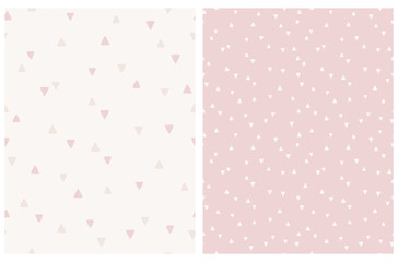 Geometric Seamless Vector Patterns with White Triangles Isolated on a Pastel Pink Background. Simple Lovely Confetti Rain of Triangle Shape. Beige and Pink Elements on a Light Cream Backdrop.
