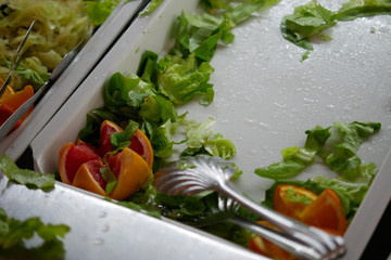 fresh vegetable salads in a self-service restaurant