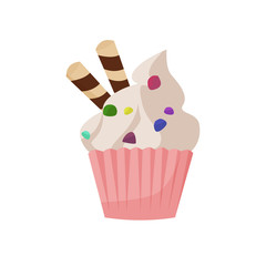 Pink cupcake illustration. Cream, cake, topping. Food concept. illustration can be used for topics like confectionery, sweet shop, bakery