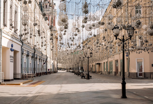 Empty Nikolskaya street in Moscow during the quarantine lockdown in April 2020