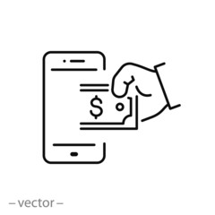 Top up payment with mobile icon, pay cashless, nfc communication, thin line web symbol on white background - editable stroke vector illustration eps10