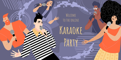 Invitation banner template for online karaoke party with cheerful young people singing in microphones