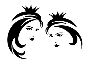 fairy tale queen or princess wearing royal crown - beautiful woman black and white vector portrait