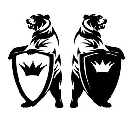rearing up bear holding heraldic shield with king crown - black and white vector royal coat of arms design set
