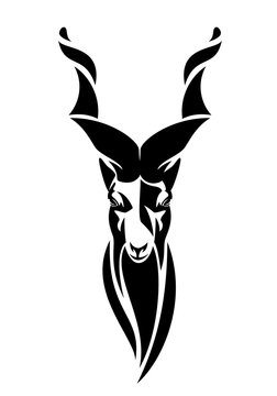 screw horn mountain goat head portrait - markhor looking forward black and white vector design