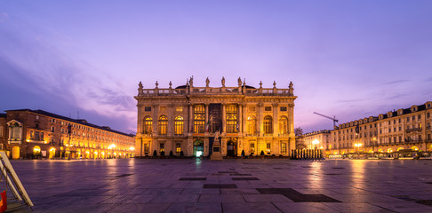 The central square of Turin at dawn, Piazza Castello, Italy. © LugonesLeandro