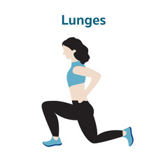 Lunges warm up exercises with women character isolated on white background, Indoor workout and gym exercises concept, Flat vector illustration design,