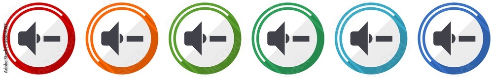 Leinwandbilder speaker volume icon set, flat design vector illustration in 6 colors options for webdesign and mobil