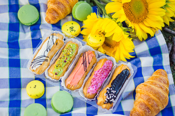 sweets eclairs in the summer on a picnic