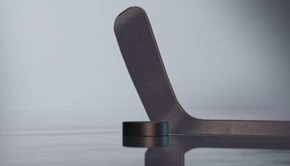 Ice hockey stick and puck on reflection ice background, 3d render