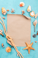 Fototapeta na wymiar Blank paper sheet with nautical rope. Summer concept.
