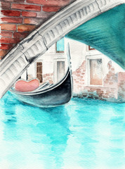 Watercolor illustration of the Venetian canal with a floating gondola and old houses in the background © Мария Тарасова