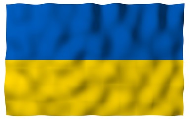The flag of Ukraine on a white background. National flag and state ensign. Blue and yellow bicolour. 3D illustration waving flag