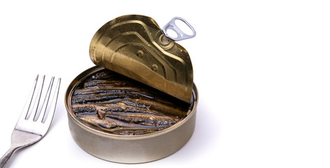 open canned with sprouts on a white isolated background, a view from above