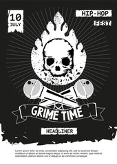 Grime hip-hop party. Rap festival vector banner. Music poster template. Vintage illustration.