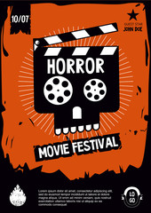 Horror movie festival. Cinema vintage poster with skull. Banner design template. Vector cartoon illustration.