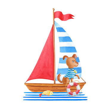 Watercolor wooden sailboat with dog in striped T-shirt.Isolated cartoon image of a sea vessel