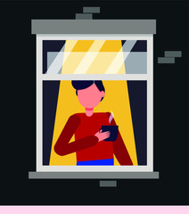 The concept of stay at home. The man looks out the window and holds a Cup of coffee. Social isolation during the epidemic. Vector illustration in flat style