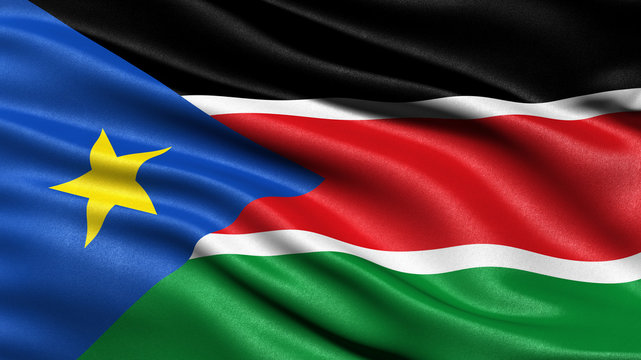 3D illustration of the flag of South Sudan waving in the wind.