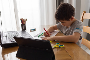 kids using technology to do homework, preschooler learning at home, studying remotely