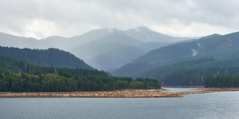 Panoramic view of the foggy mountains in rainy weather in the autumn season. Washington State, USA Pacific Northwest.