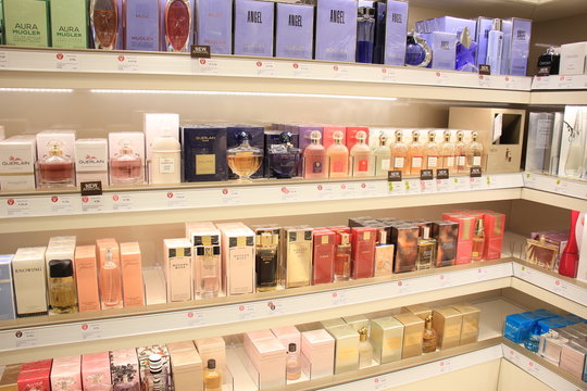 Amsterdam Schiphol Airport, the Netherlands - april 14th 2018: different brands of perfume