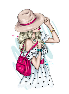 Beautiful Girl In A Stylish Summer Dress And Hat. Vector Illustration For Poster, Print On Clothes. Fashion & Style. 