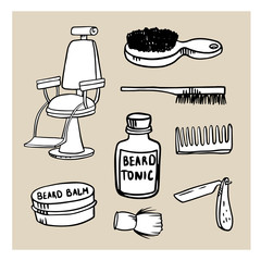  doodle sketch barber chair and tools. 