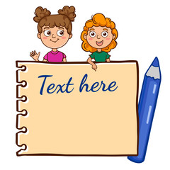 doodle sketch notepad sheet for your lettering. Simple, flat illustration of a frame for an inscription with children and pencils 